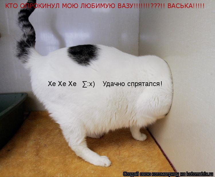 КТО ОПРОКИНУЛ МОЮ ЛЮБИМУЮ ВАЗУ!!!!!!!???!! ВАСЬКА!!!!! Хе Хе Хе ∑:х) Удачно спрятался!... Котоматрица: КТО ОПРОКИНУЛ МОЮ ЛЮБИМУЮ ВАЗУ!!!!!!!???!! ВАСЬКА!!!!! Хе Хе Хе ∑:х) Удачно спрятался!