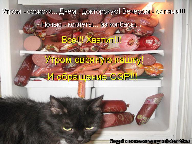 Утром - сосиски... Днем - докторскую! Вечером - салями!!! Ночью - котлеты... из колбасы... Все!!! Хва... Котоматрица: Утром - сосиски... Днем - докторскую! Вечером - салями!!! Ночью - котлеты... из колбасы... Все!!! Хватит!!! Утром овсяную кашку! И обращение СЭР!!!