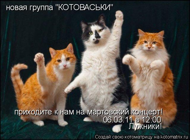 новая группа "КОТОВАСЬКИ" приходите к нам на мартовский концерт! 06.03.11 в 12:00 Лужники!... Котоматрица: новая группа "КОТОВАСЬКИ" приходите к нам на мартовский концерт! 06.03.11 в 12:00 Лужники!