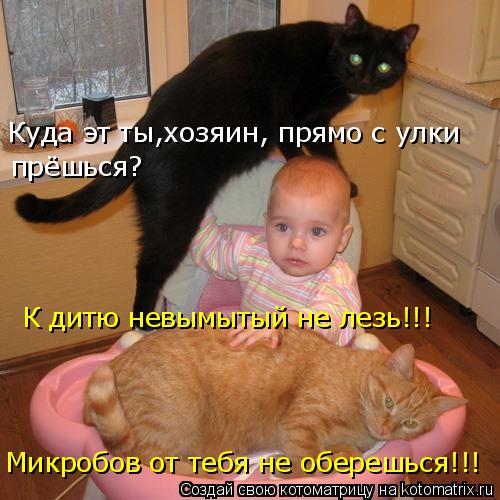 Котоматрица: Куда эт ты,хозяин, прямо с улки  прёшься? К дитю невымытый не лезь!!! Микробов от тебя не оберешься!!!