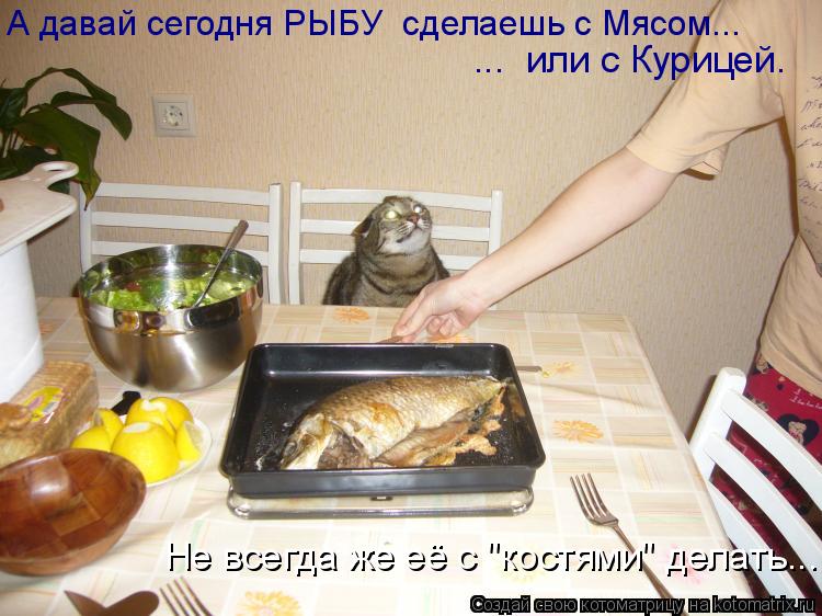 Котоматрица: А давай сегодня РЫБУ  сделаешь с Мясом... ...  или с Курицей. Не всегда же её с "костями" делать...