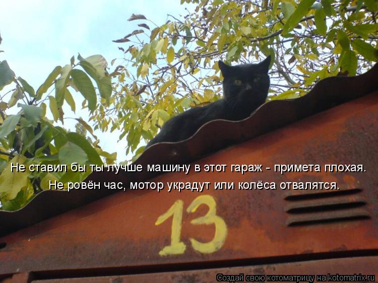 Не ставил бы ты лучше машину в этот гараж - примета плохая. Не ровён час, мотор украдут или колёса от... Котоматрица: Не ставил бы ты лучше машину в этот гараж - примета плохая. Не ровён час, мотор украдут или колёса отвалятся.