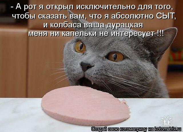 Котоматрица: - А рот я открыл исключительно для того, чтобы сказать вам, что я абсолютно СЫТ, и колбаса ваша дурацкая  меня ни капельки не интересует !!!