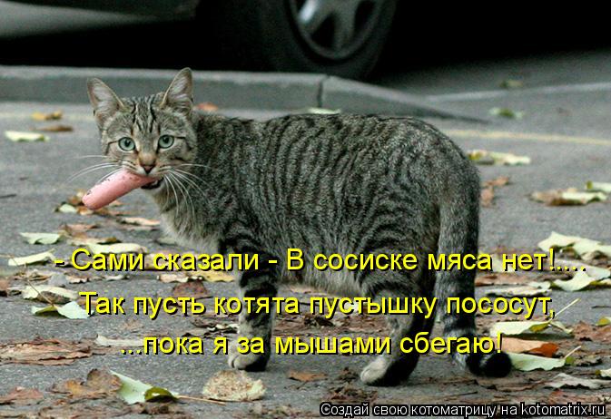 - Сами сказали - В сосиске мяса нет!.... Так пусть котята пустышку пососут, ...пока я за мышами сбега... Котоматрица: - Сами сказали - В сосиске мяса нет!.... Так пусть котята пустышку пососут, ...пока я за мышами сбегаю!