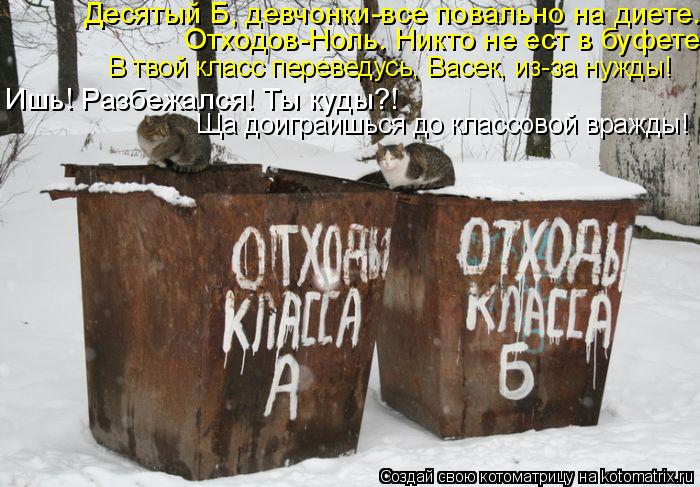 В твой класс переведусь, Васек, из-за нужды! Ишь! Разбежался! Ты куды?! Ща доиграишься до классовой ... Котоматрица: В твой класс переведусь, Васек, из-за нужды! Ишь! Разбежался! Ты куды?! Ща доиграишься до классовой вражды! Отходов-Ноль. Никто не ест в буфете