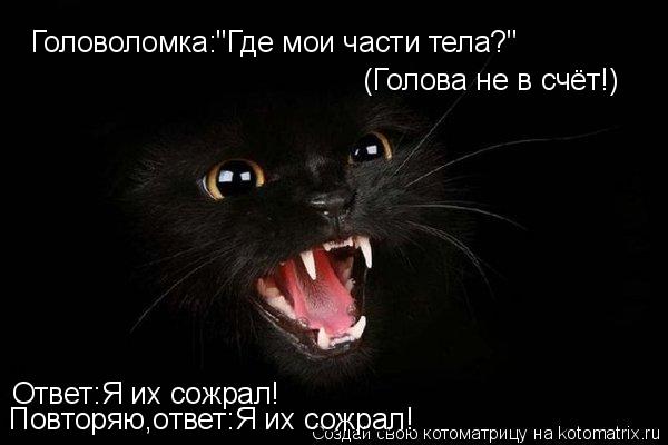 Головоломка:"Где мои части тела?" (Голова не в счёт!) Ответ:Я их сожрал! Повторяю,ответ:Я их сожрал!... Котоматрица: Головоломка:"Где мои части тела?" (Голова не в счёт!) Ответ:Я их сожрал! Повторяю,ответ:Я их сожрал!