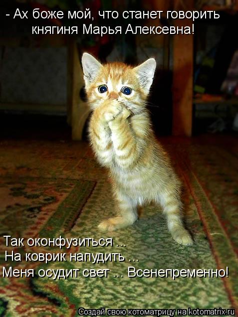 - Ах боже мой, что станет говорить княгиня Марья Алексевна! Так оконфузиться ... На коврик напудить ... Котоматрица: - Ах боже мой, что станет говорить княгиня Марья Алексевна! Так оконфузиться ... На коврик напудить ... Меня осудит свет ... Всенепременно!