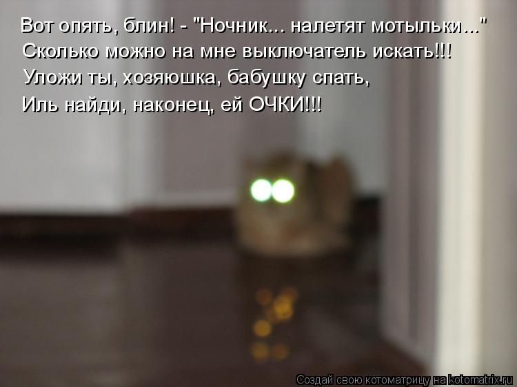 Котоматрица: Вот опять, блин! - "Ночник... налетят мотыльки..." Сколько можно на мне выключатель искать!!! Уложи ты, хозяюшка, бабушку спать, Иль найди, наконе