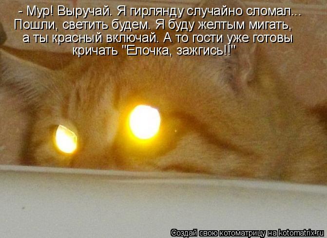 - Мур! Выручай. Я гирлянду случайно сломал... Пошли, светить будем. Я буду желтым мигать, а ты красны... Котоматрица: - Мур! Выручай. Я гирлянду случайно сломал... Пошли, светить будем. Я буду желтым мигать, а ты красный включай. А то гости уже готовы кричать "Ел
