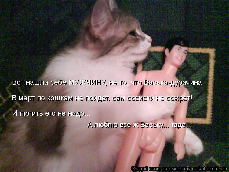 Котоматрица: Вот нашла себе МУЖЧИНУ, не то, что Васька-дурачина... В март по кошкам не пойдет, сам сосиски не сожрет!.. И пилить его не надо... А люблю все ж Ва