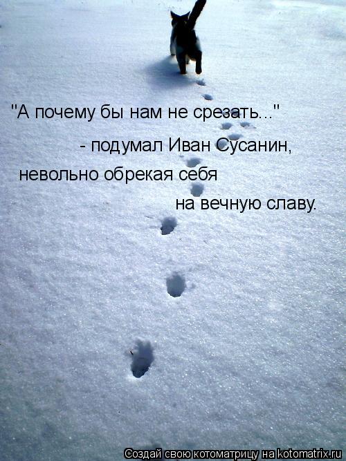"А почему бы нам не срезать..." - подумал Иван Сусанин, невольно обрекая себя на вечную славу.... Котоматрица: "А почему бы нам не срезать..." - подумал Иван Сусанин, невольно обрекая себя на вечную славу.
