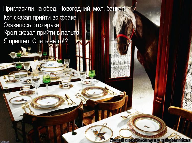 Пригласили на обед. Новогодний, мол, банкет! Кот сказал прийти во фраке! Оказалось, это враки….. Крол... Котоматрица: Пригласили на обед. Новогодний, мол, банкет! Кот сказал прийти во фраке! Оказалось, это враки….. Крол сказал прийти в пальто! Я пришёл! Опять н