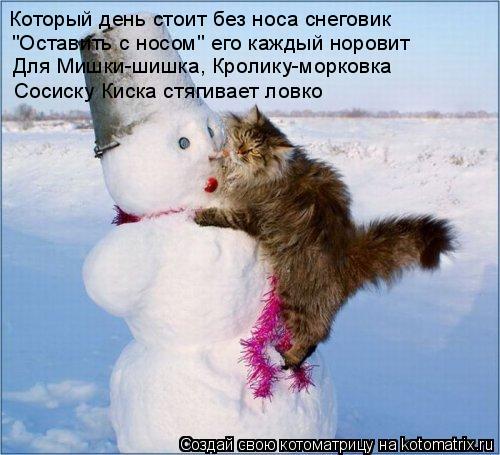 Который день стоит без носа снеговик "Оставить с носом" его каждый норовит Для Мишки-шишка, Кролику-м... Котоматрица: Который день стоит без носа снеговик "Оставить с носом" его каждый норовит Для Мишки-шишка, Кролику-морковка Сосиску Киска стягивает ловко