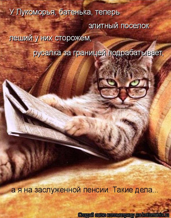 Котоматрица: У Лукоморья, батенька, теперь элитный поселок леший у них сторожем, русалка за границей подрабатывает, а я на заслуженной пенсии. Такие дела
