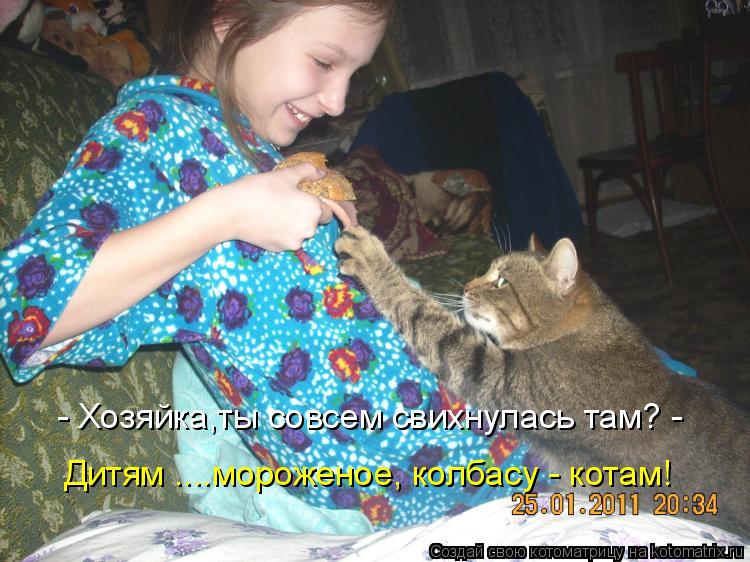 Котоматрица: - Хозяйка,ты совсем свихнулась там? - Дитям ....мороженое, колбасу - котам!