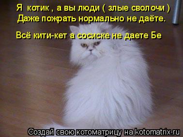 Я котик , а вы люди ( злые сволочи ) Даже пожрать нормально не даёте. Всё кити-кет а сосиске не дае... Котоматрица: Я котик , а вы люди ( злые сволочи ) Даже пожрать нормально не даёте. Всё кити-кет а сосиске не даете Бе