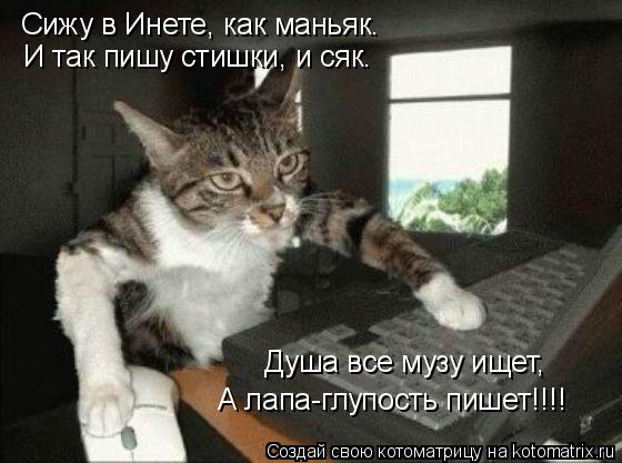Котоматрица: Сижу в Инете, как маньяк.  И так пишу стишки, и сяк. Душа все музу ищет, А лапа-глупость пишет!!!!