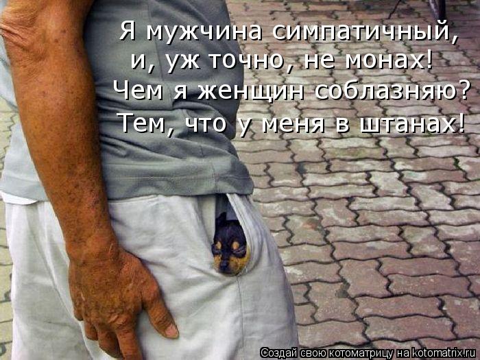 Котоматрица: Я мужчина симпатичный,  и, уж точно, не монах! Чем я женщин соблазняю?  Тем, что у меня в штанах!