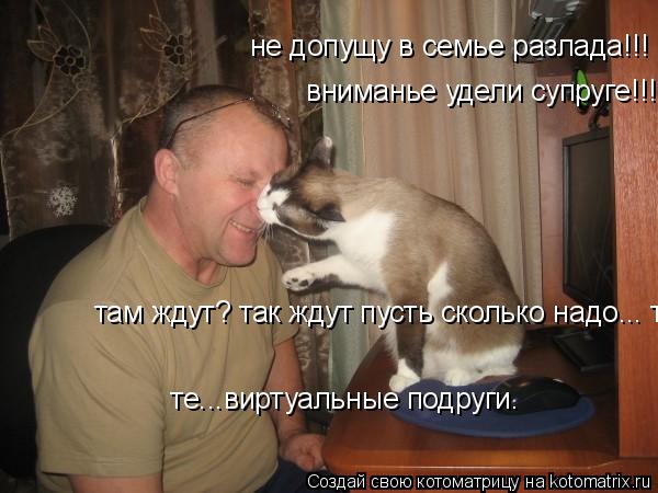 Котоматрица: не допущу в семье разлада!!! вниманье удели супруге!!! там ждут? так ждут пусть сколько надо... те...виртуальные подруги вниманье удели супруге!