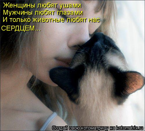 Котоматрица: Женщины любят ушами Мужчины любят глазами И только животные любят нас СЕРДЦЕМ...