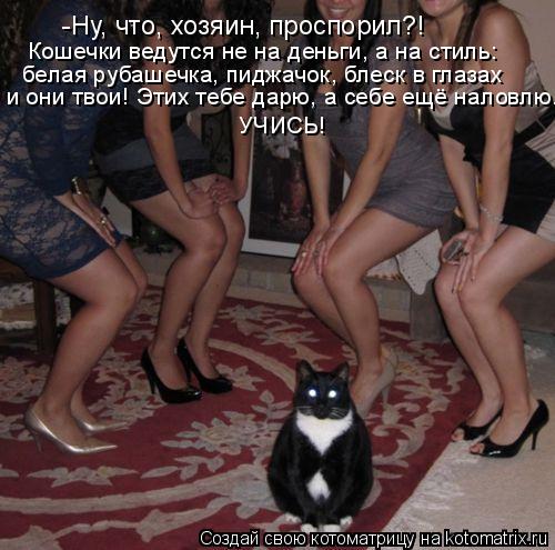 -Ну, что, хозяин, проспорил?! Кошечки ведутся не на деньги, а на стиль: белая рубашечка, пиджачок, б... Котоматрица: -Ну, что, хозяин, проспорил?! Кошечки ведутся не на деньги, а на стиль: белая рубашечка, пиджачок, блеск в глазах и они твои! Этих тебе дарю, а с