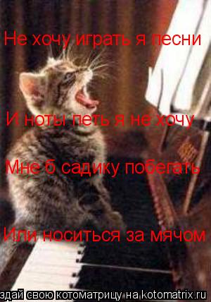 Не хочу играть я песни И ноты петь я не хочу Не хочу играть я песни Мне б садику побегать Или носитьс... Котоматрица: Не хочу играть я песни И ноты петь я не хочу Не хочу играть я песни Мне б садику побегать Или носиться за мячом