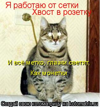 Я работаю от сетки Хвост в розетку И всё метко, глазки светят, Как монетки... Котоматрица: Я работаю от сетки Хвост в розетку И всё метко, глазки светят, Как монетки