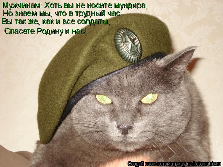 Но знаем мы, что в трудный час Вы так же, как и все солдаты, Спасете Родину и нас! Мужчинам: Хоть вы... Котоматрица: Но знаем мы, что в трудный час Вы так же, как и все солдаты, Спасете Родину и нас! Мужчинам: Хоть вы не носите мундира,