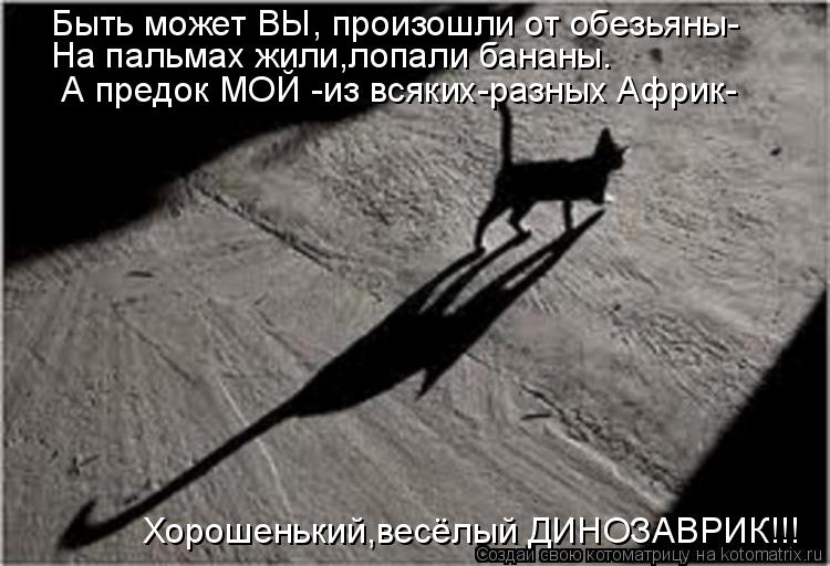 Быть может ВЫ, произошли от обезьяны- На пальмах жили,лопали бананы. А предок МОЙ -из всяких-разных ... Котоматрица: Быть может ВЫ, произошли от обезьяны- На пальмах жили,лопали бананы. А предок МОЙ -из всяких-разных Африк- Хорошенький,весёлый ДИНОЗАВРИК!!!
