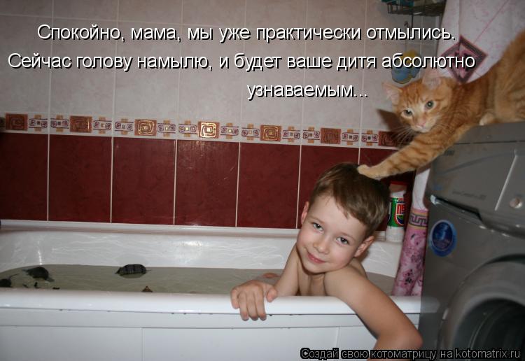 Котоматрица: Сейчас голову намылю, и будет ваше дитя абсолютно узнаваемым... Спокойно, мама, мы уже практически отмылись.