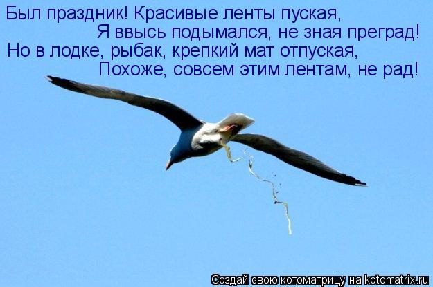Котоматрица: Был праздник! Красивые ленты пуская,  Я ввысь подымался, не зная преград!  Но в лодке, рыбак, крепкий мат отпуская,  Похоже, совсем этим лентам,