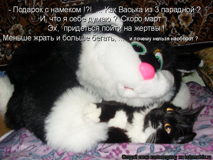 - Подарок с намеком !?! ... Как Васька из 3 парадной ? И, что я себе думаю ? Скоро март ... Эх, ... Котоматрица: - Подарок с намеком !?! ... Как Васька из 3 парадной ? И, что я себе думаю ? Скоро март ... Эх, придеться пойти на жертвы ! Меньше жрать и больш