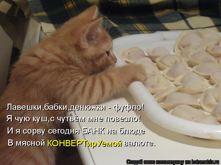 Лавешки,бабки,денюжки - фуфло! Я чую куш,с чутьём мне повезло! И я сорву сегодня БАНК на блюде В мясн... Котоматрица: Лавешки,бабки,денюжки - фуфло! Я чую куш,с чутьём мне повезло! И я сорву сегодня БАНК на блюде В мясной валюте. КОНВЕРТ
