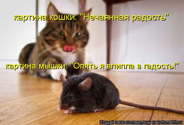 Котоматрица: картина кошки: "Нечаянная радость" картина мышки: "Опять я влипла в гадость!"