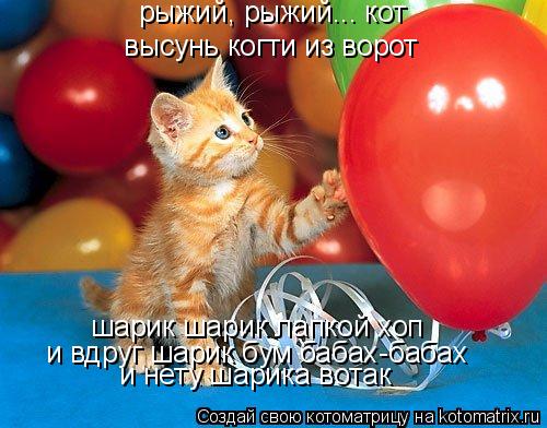 Котоматрица: высунь когти из ворот рыжий, рыжий... кот шарик шарик лапкой хоп и вдруг шарик бум бабах-бабах и нету шарика вотак