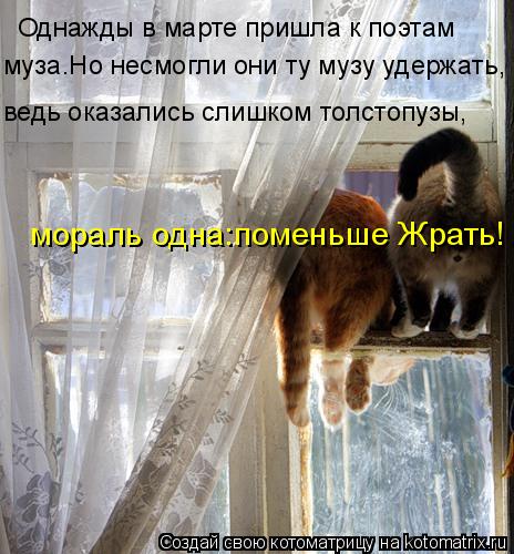 Котоматрица: Однажды в марте пришла к поэтам муза.Но несмогли они ту музу удержать, ведь оказались слишком толстопузы, мораль одна:поменьше Жрать!