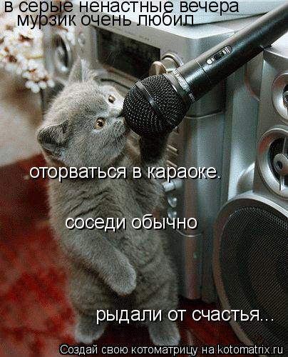 в серые ненастные вечера мурзик очень любил оторваться в караоке. соседи обычно рыдали от счастья...... Котоматрица: в серые ненастные вечера мурзик очень любил оторваться в караоке. соседи обычно рыдали от счастья...