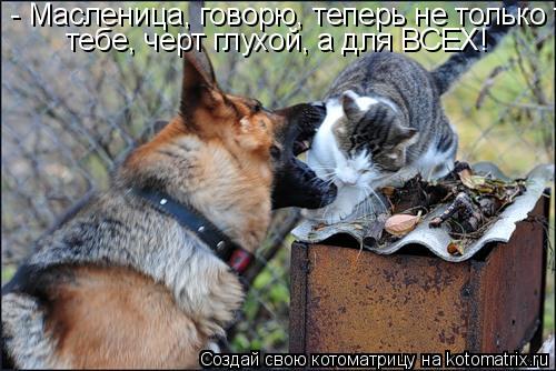 - Mасленица, говорю, теперь не только тебе, черт глухой, а для ВСЕХ! тебе, черт глухой, а для ВСЕХ!... Котоматрица: - Mасленица, говорю, теперь не только тебе, черт глухой, а для ВСЕХ! тебе, черт глухой, а для ВСЕХ!