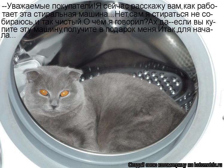 --Уважаемые покупатели!Я сейчас расскажу вам,как рабо- тает эта стиральная машина...Нет,сам я стирать... Котоматрица: --Уважаемые покупатели!Я сейчас расскажу вам,как рабо- тает эта стиральная машина...Нет,сам я стираться не со- бираюсь,и так чистый.О чём я гов