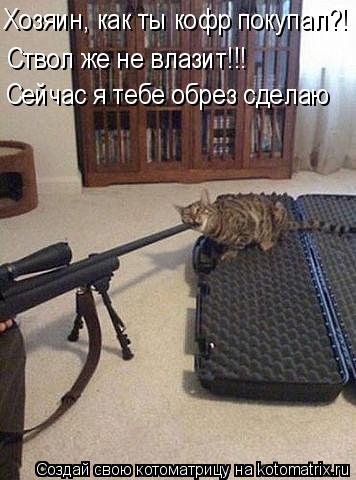 Котоматрица: Хозяин, как ты кофр покупал?!  Ствол же не влазит!!! Сейчас я тебе обрез сделаю