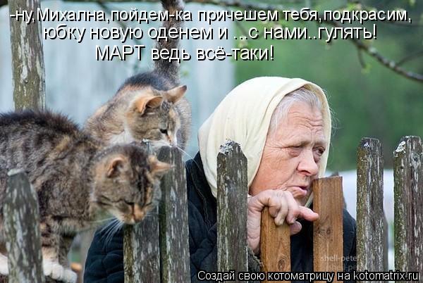-ну,Михална,пойдем-ка причешем тебя,подкрасим, юбку новую оденем и ...с нами..гулять! МАРТ ведь всё-т... Котоматрица: -ну,Михална,пойдем-ка причешем тебя,подкрасим, юбку новую оденем и ...с нами..гулять! МАРТ ведь всё-таки!
