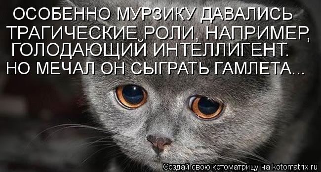ОСОБЕННО МУРЗИКУ ДАВАЛИСЬ ТРАГИЧЕСКИЕ РОЛИ, НАПРИМЕР, ГОЛОДАЮЩИЙ ИНТЕЛЛИГЕНТ. НО МЕЧАЛ ОН СЫГРАТЬ ... Котоматрица: ОСОБЕННО МУРЗИКУ ДАВАЛИСЬ ТРАГИЧЕСКИЕ РОЛИ, НАПРИМЕР, ГОЛОДАЮЩИЙ ИНТЕЛЛИГЕНТ. НО МЕЧАЛ ОН СЫГРАТЬ ГАМЛЕТА...