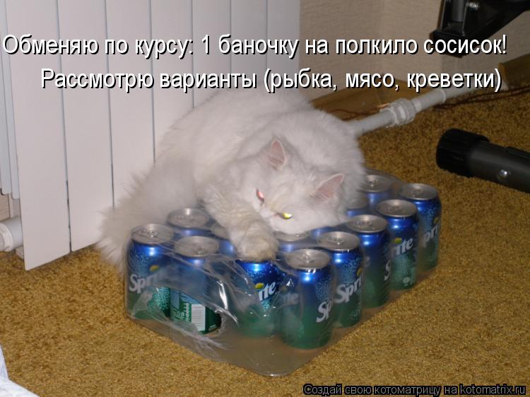 Котоматрица: Обменяю по курсу: 1 баночку на полкило сосисок! Рассмотрю варианты (рыбка, мясо, креветки)