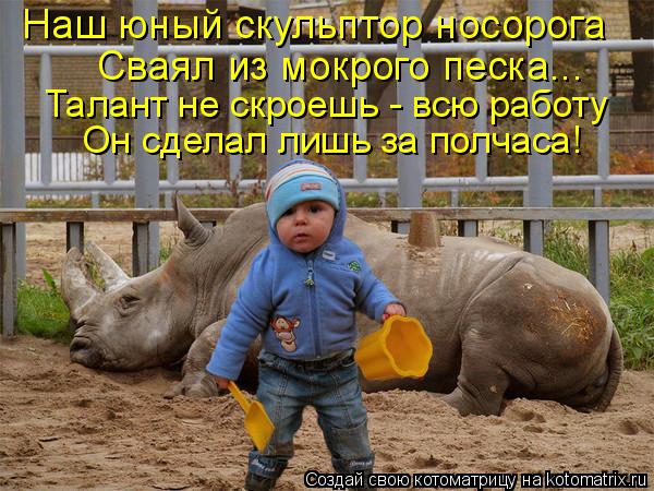 Котоматрица: Наш юный скульптор носорога Сваял из мокрого песка... Талант не скроешь - всю работу Он сделал лишь за полчаса!