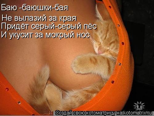 Котоматрица: Баю -баюшки-бая Не вылазий за края Придёт серый-серый пёс И укусит за мокрый нос
