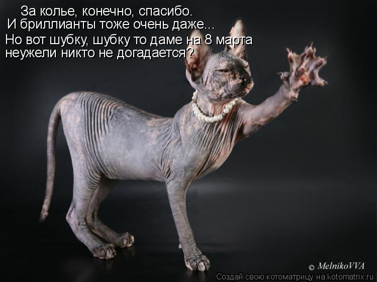 Котоматрица: За колье, конечно, спасибо. И бриллианты тоже очень даже... неужели никто не догадается? Но вот шубку, шубку то даме на 8 марта