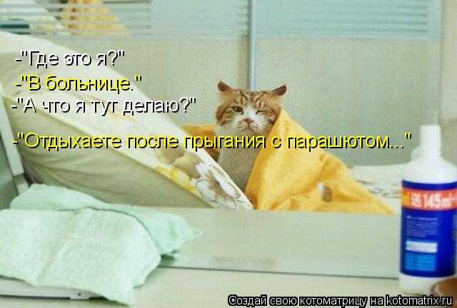 -"Где это я?" -"В больнице." -"А что я тут делаю?" -"Отдыхаете после прыгания с парашютом..."... Котоматрица: -"Где это я?" -"В больнице." -"А что я тут делаю?" -"Отдыхаете после прыгания с парашютом..."