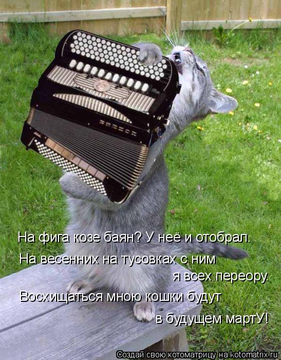 Котоматрица: На фига козе баян? У неё и отобрал. На весенних на тусовках с ним я всех переору. Восхищаться мною кошки будут в будущем мартУ!
