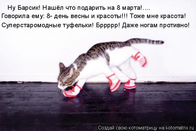 Ну Барсик! Нашёл что подарить на 8 марта!.... Говорила ему: 8- день весны и красоты!!! Тоже мне красо... Котоматрица: Ну Барсик! Нашёл что подарить на 8 марта!.... Говорила ему: 8- день весны и красоты!!! Тоже мне красота! Суперстаромодные туфельки! Бррррр! Даже н
