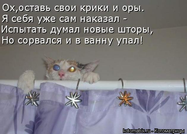 Ох,оставь свои крики и оры. Я себя уже сам наказал - Испытать думал новые шторы, Но сорвался и в ванн... Котоматрица: Ох,оставь свои крики и оры. Я себя уже сам наказал - Испытать думал новые шторы, Но сорвался и в ванну упал!